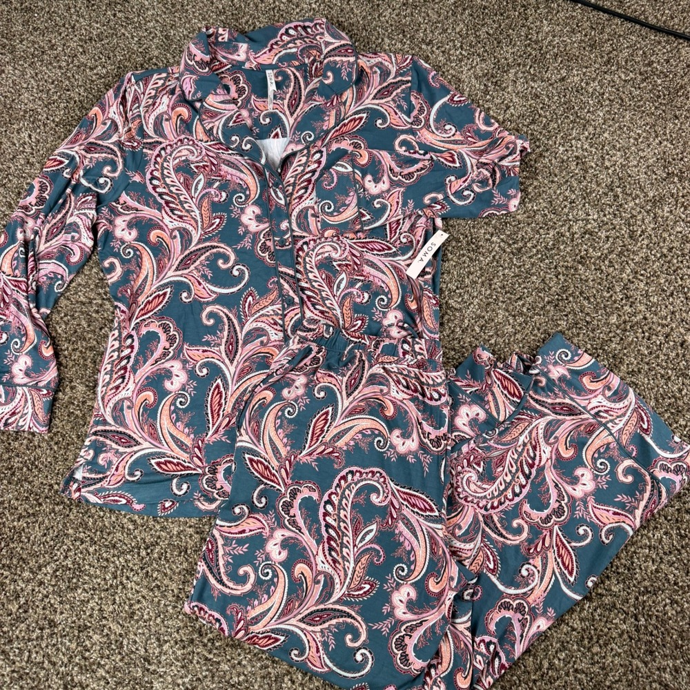 Soma Cool Nights Pajama Set Paisley Teal Pink XL Top Large Pants Mismatch NWT